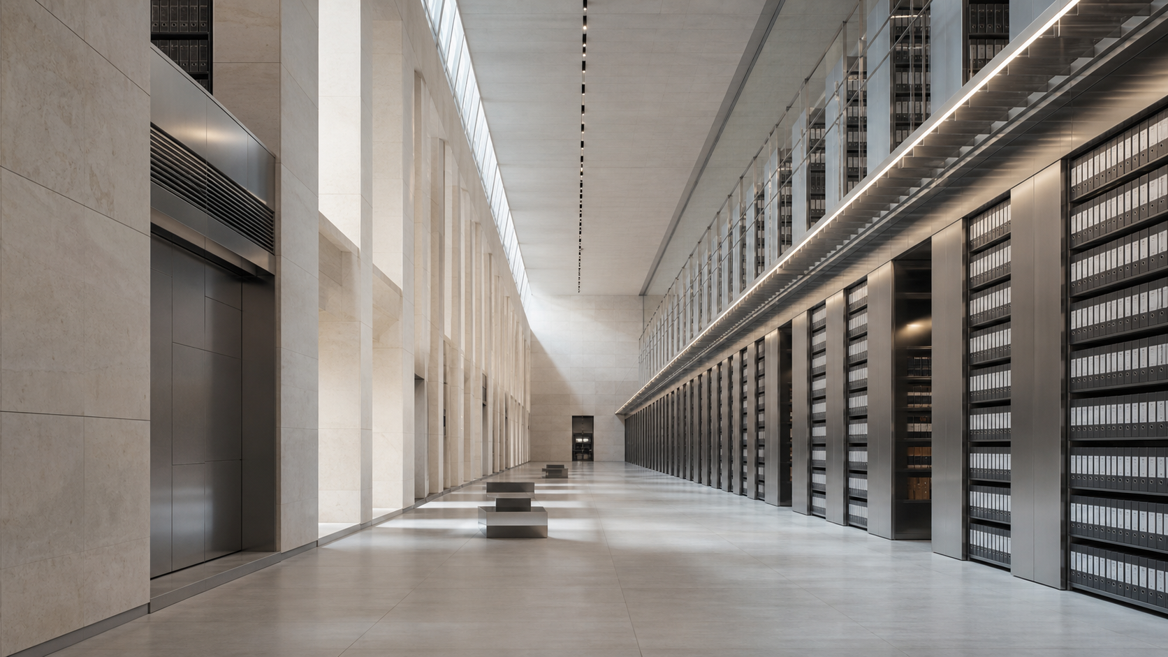 A monumental archive hall with repeating stone columns and organized shelving