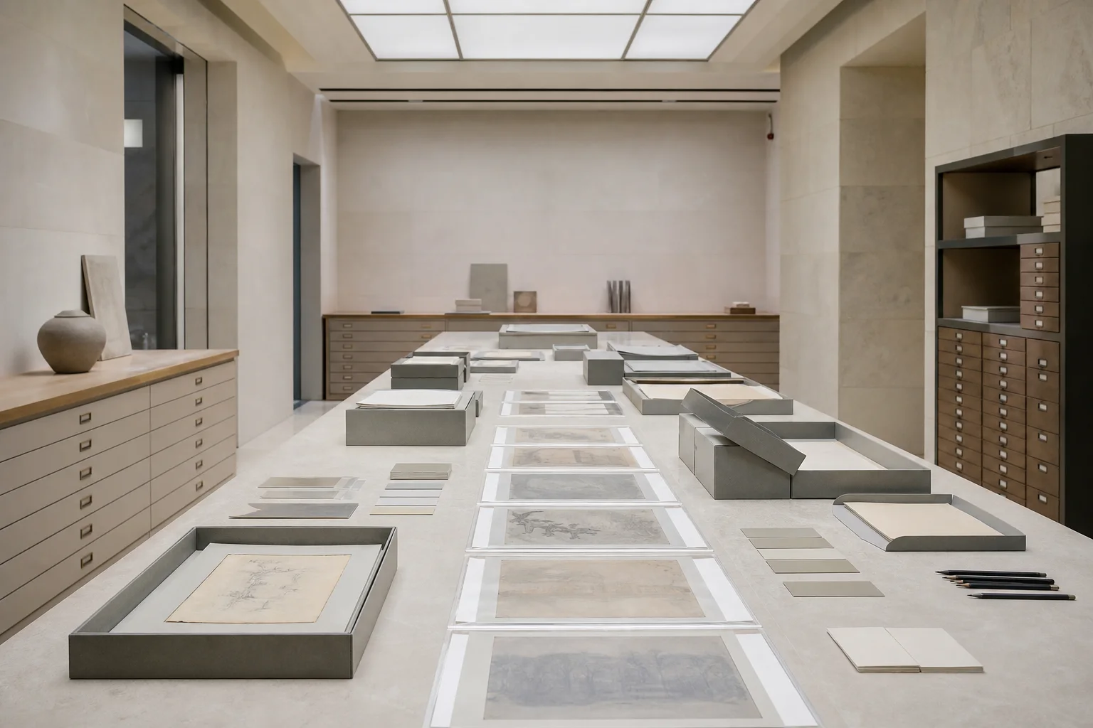 An archival conservation room with records arranged in sequence across a long worktable