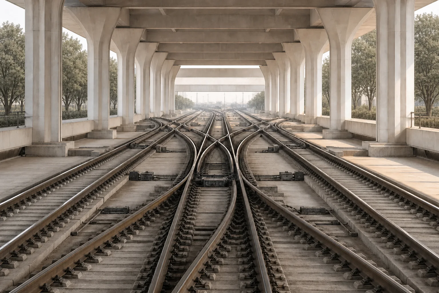 Rail lines branching and converging between rows of trees beneath a monumental concrete transit structure