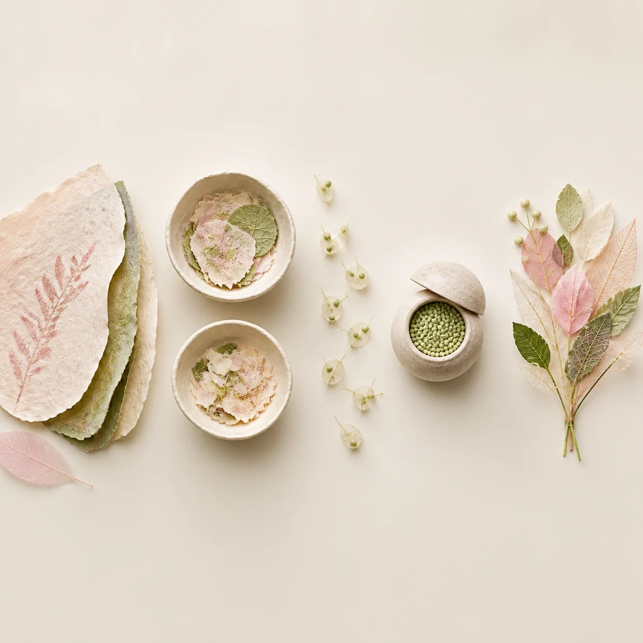 Botanical flat lay in cream, pink, and green with pressed leaves, handmade papers, bowls, and a vessel of grains