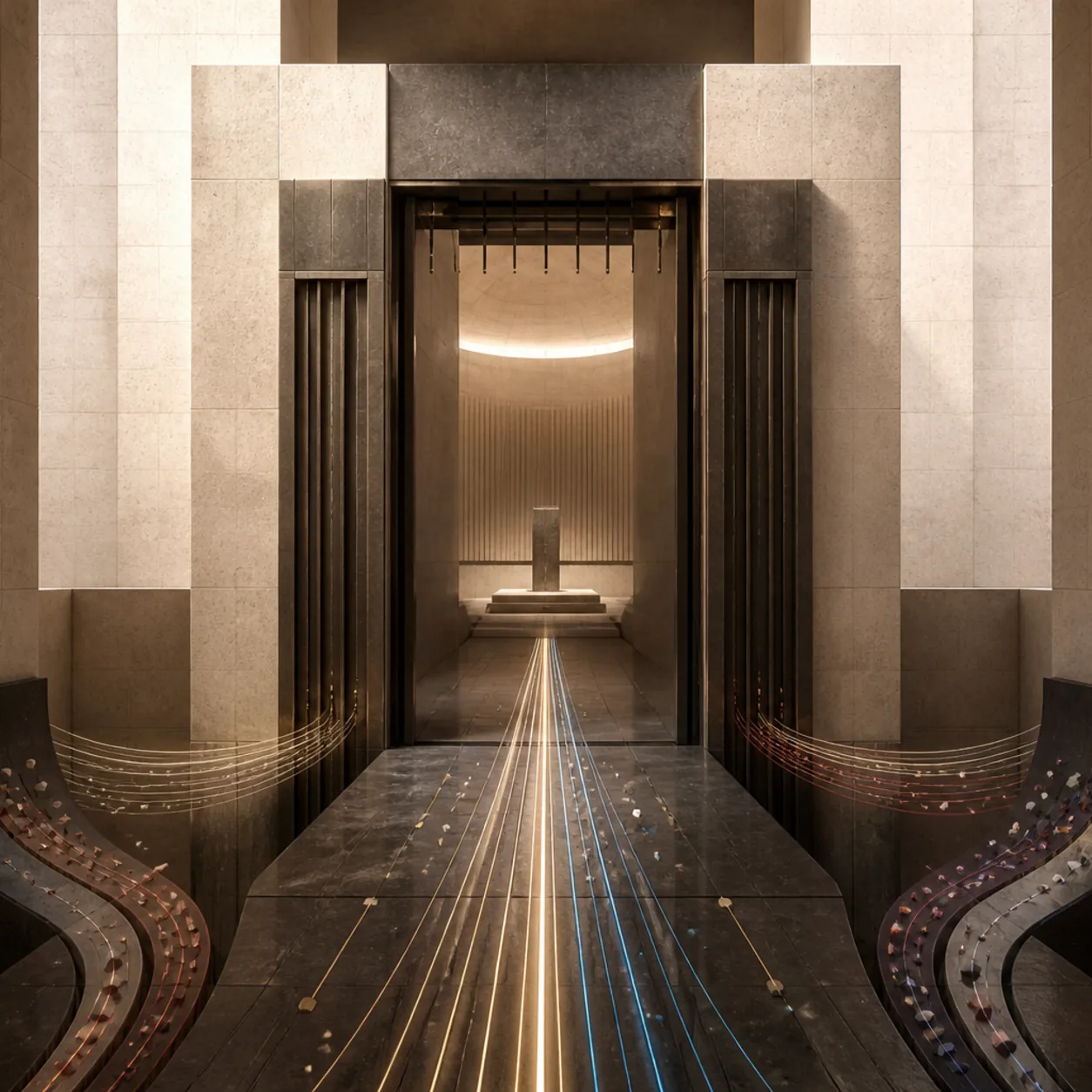 A monumental stone gateway filtering irregular colored fragments before they enter a calm central chamber