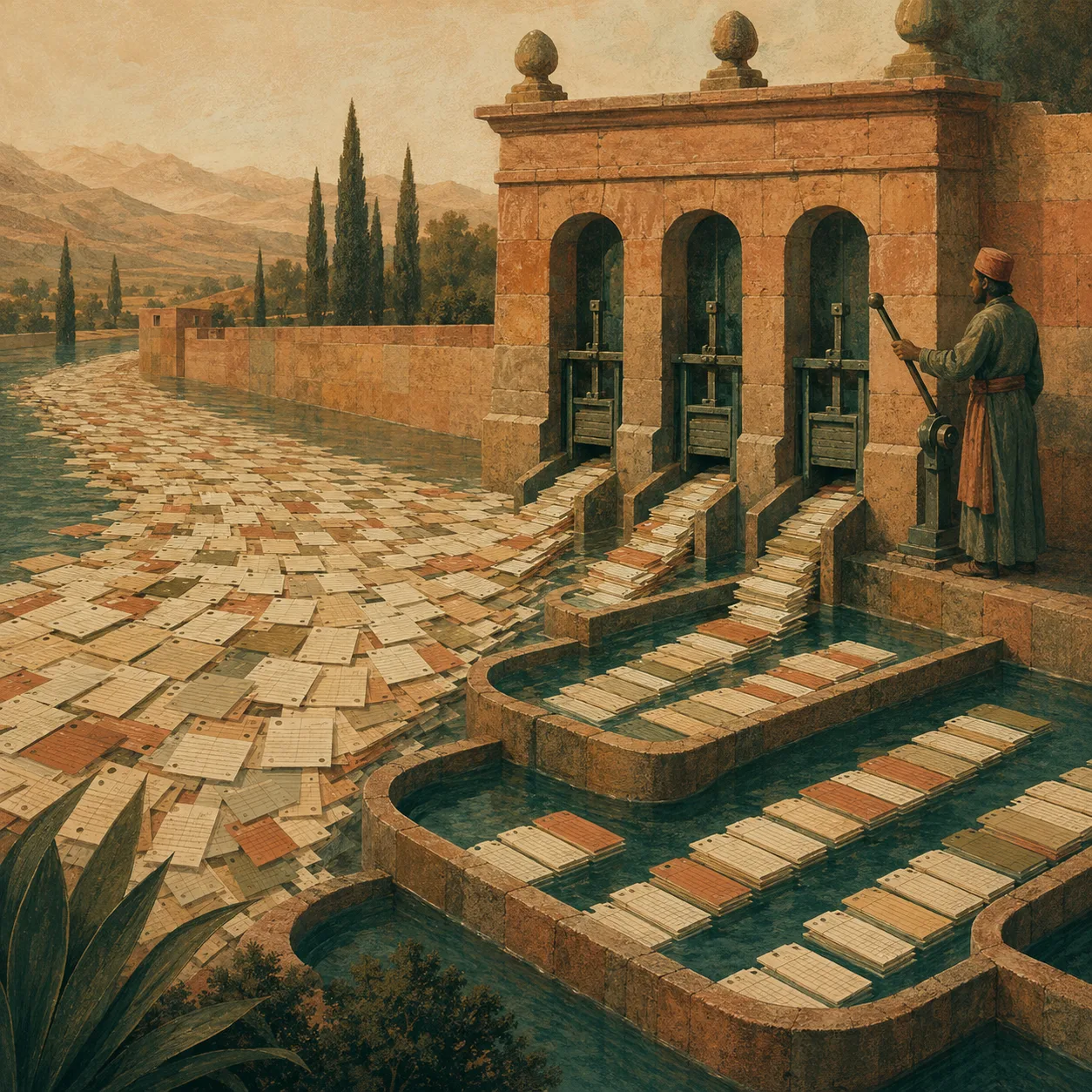 A stone sluice gate with three channels meters a river of record-cards into calm terraced basins while a gatekeeper works a lever