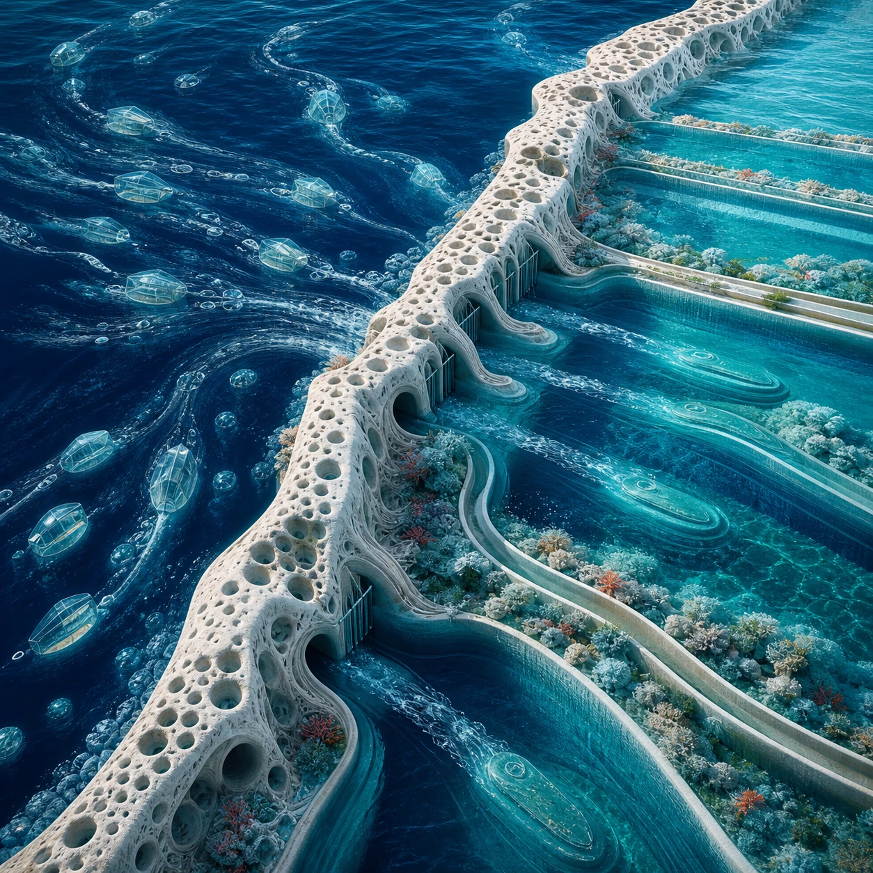 Translucent capsules carried on deep-blue currents pass through gated openings in a porous white boundary into calm terraced channels