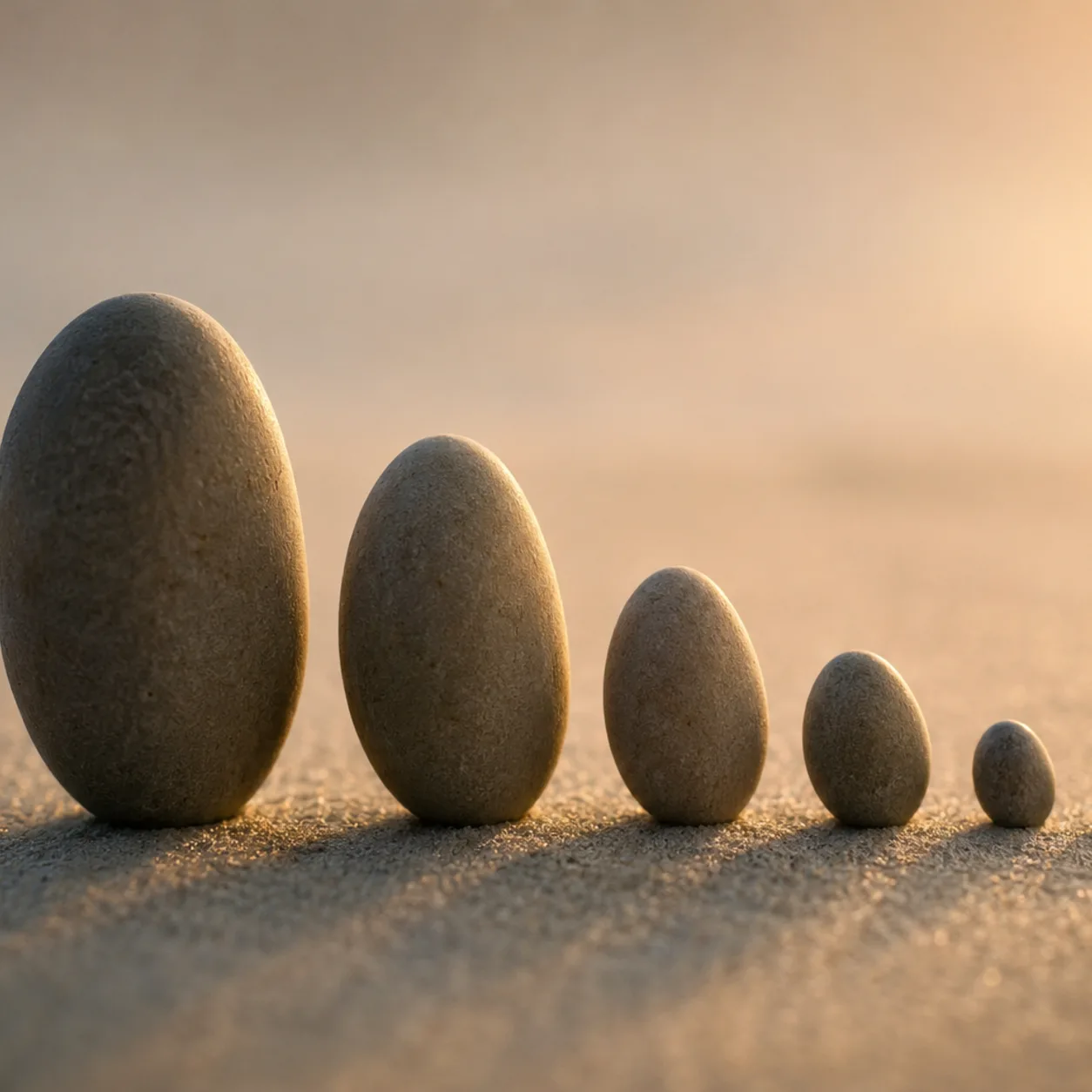 Smooth stones arranged in decreasing size on warm sand, representing recurring document retrieval